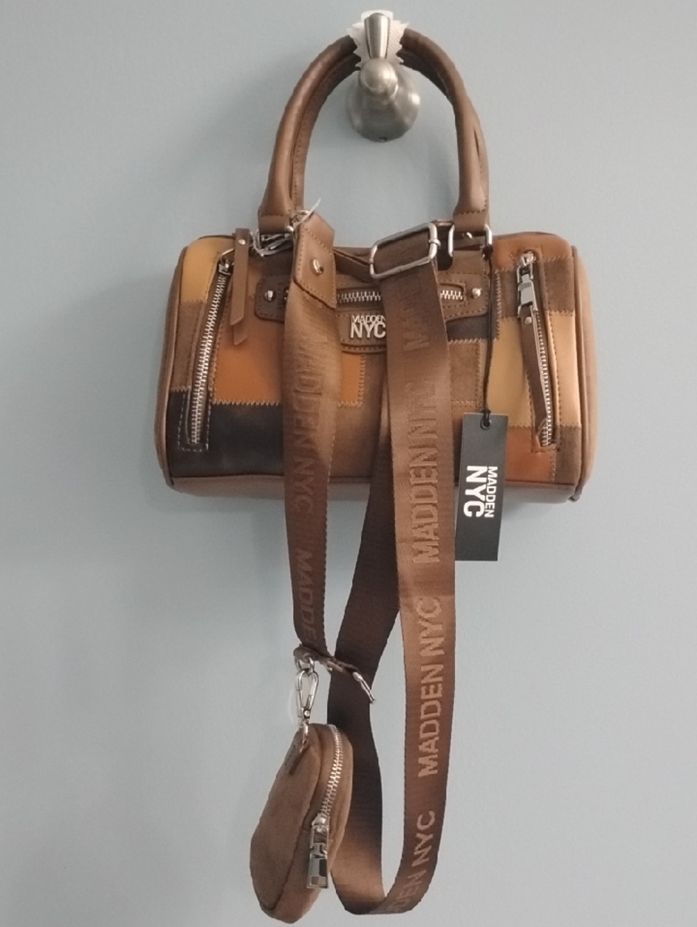 NWT Steve Madden Brown Patchwork Crossbody Bag with Detachable Strap